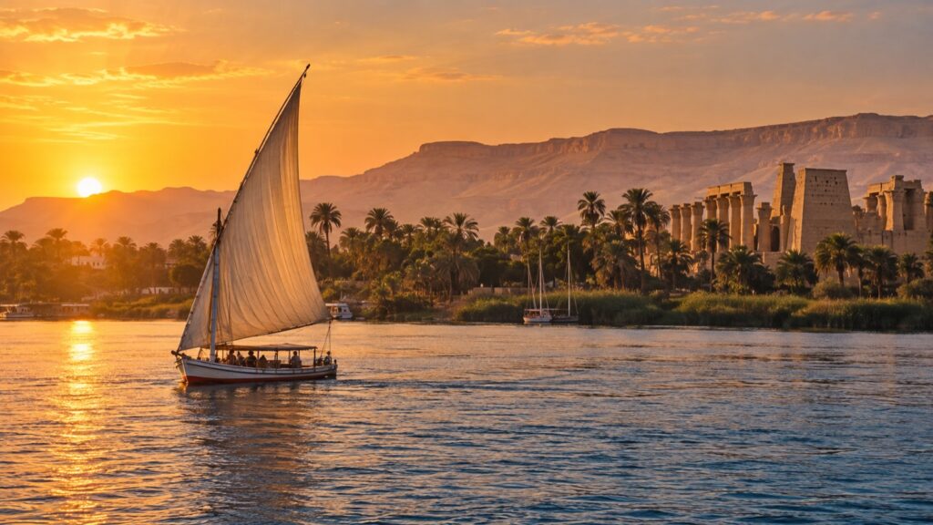 Travellers sailing on the Nile in Egypt beside desert scenery and temples