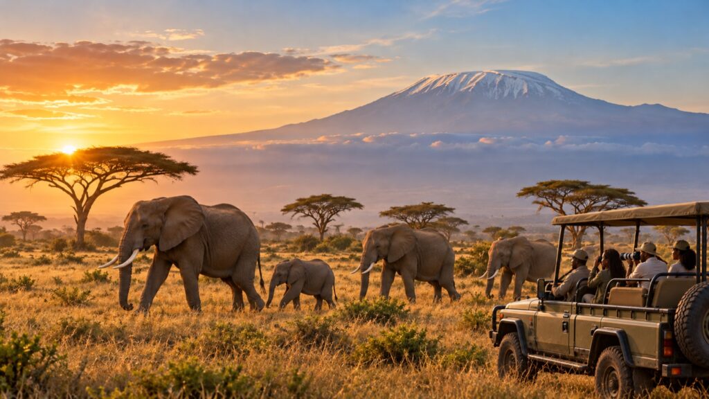 Travellers watching elephants beneath Mount Kilimanjaro in Amboseli, Kenya