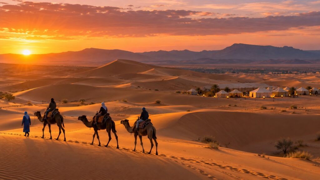 Travellers riding camels across the Sahara at sunset in Morocco