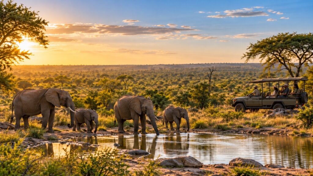 Travellers on safari watching elephants at a Kruger waterhole in South Africa
