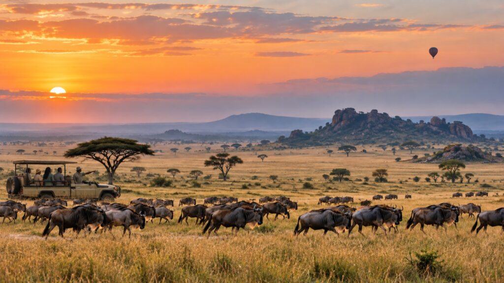 Travellers on safari beside wildebeest on the Serengeti plains in Tanzania